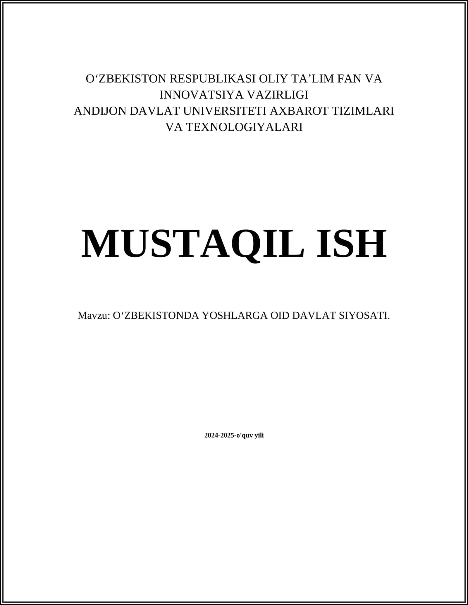 O‘ZBEKISTONDA YOSHLARGA OID DAVLAT SIYOSATI
