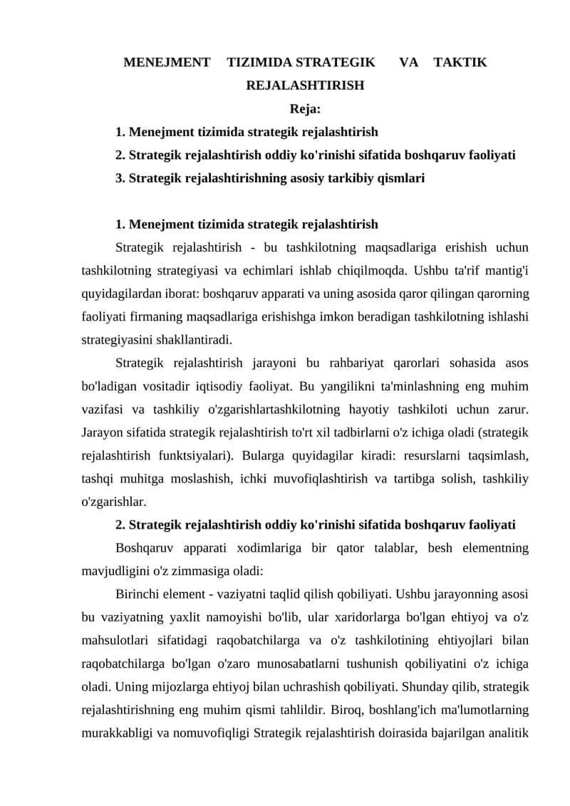 MENEJMENT TIZIMIDA STRATEGIK VA TAKTIK REJALASHTIRISH