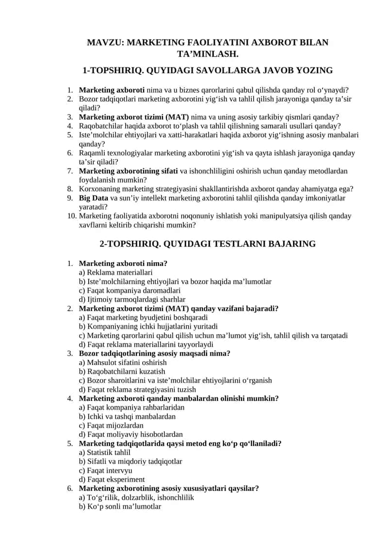 MARKETING FAOLIYATINI AXBOROT BILAN TA’MINLASH