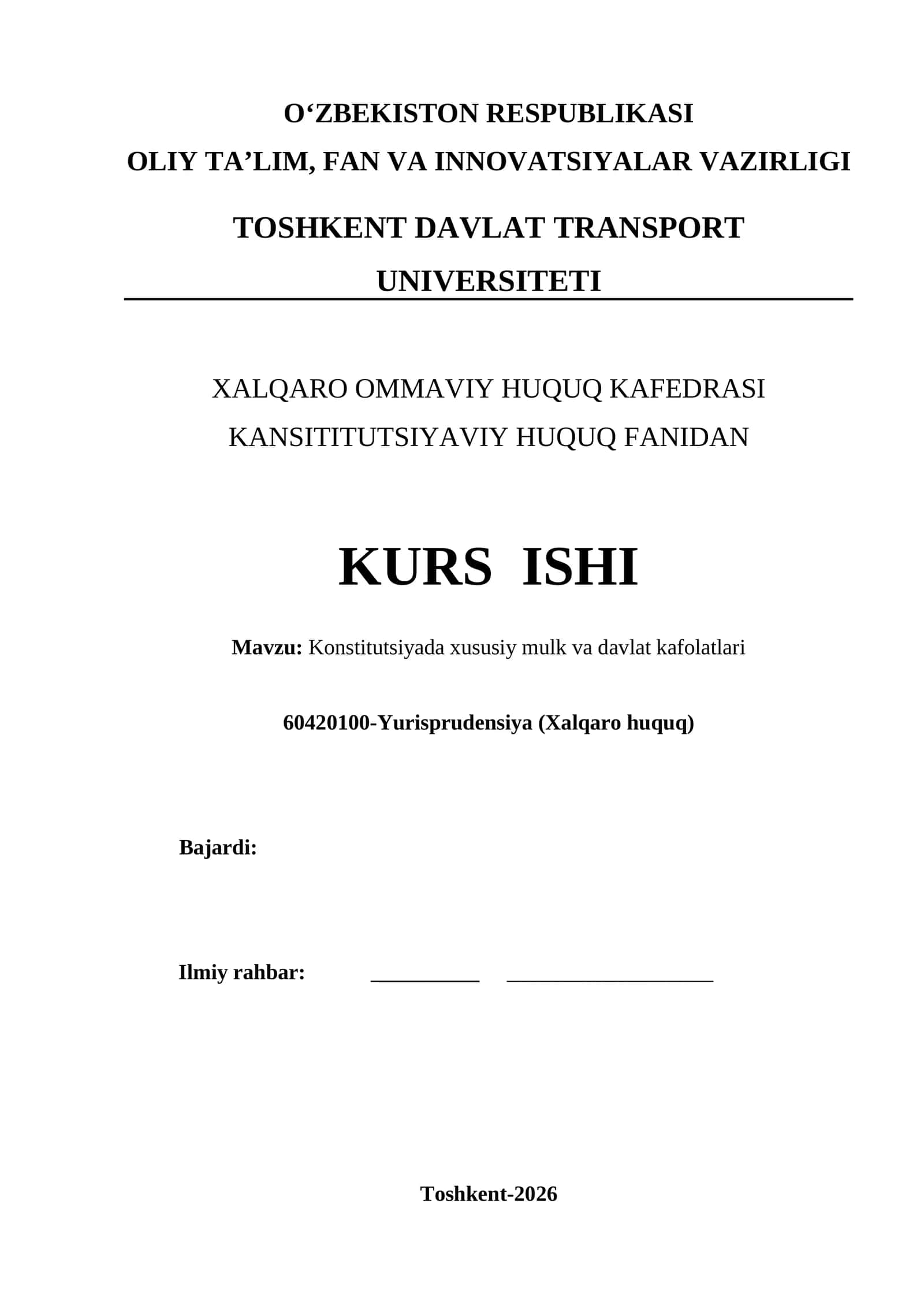 Konstitutsiyada xususiy mulk va davlat kafolatlari kurs ishi