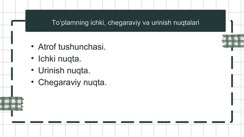 To'plamning ichki, chegaraviy va urinish nuqtalari