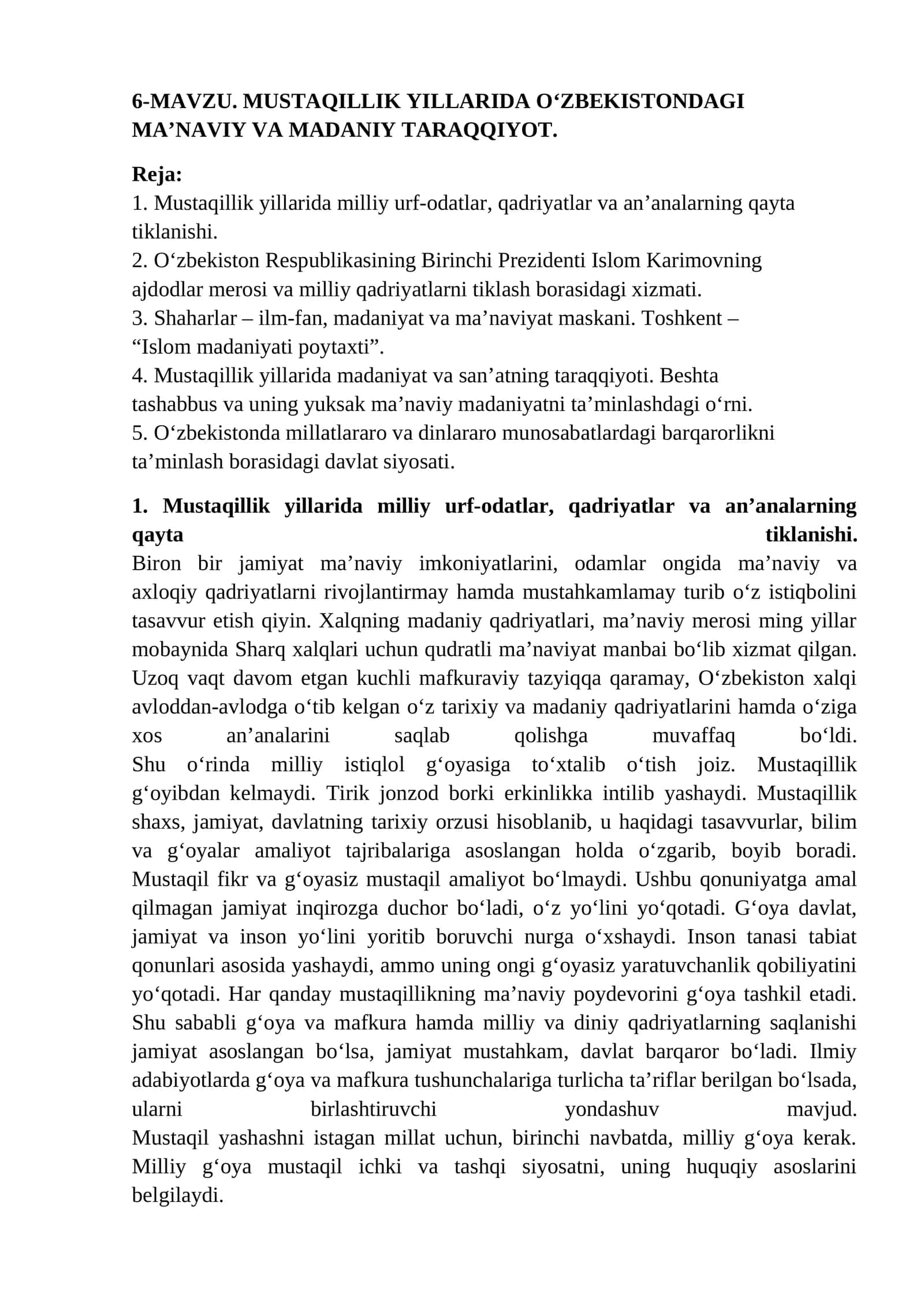 MUSTAQILLIK YILLARIDA O‘ZBEKISTONDAGI
