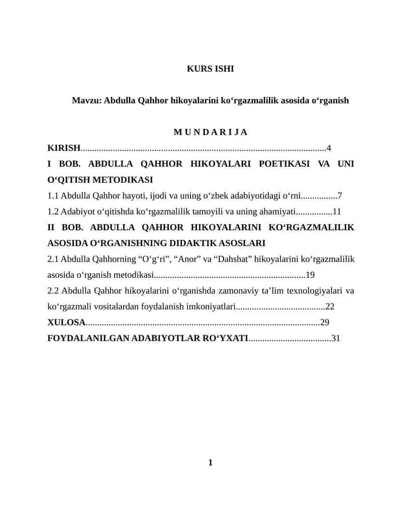 Abdulla Qahhor hikoyalarini koʻrgazmalilik asosida oʻrganish