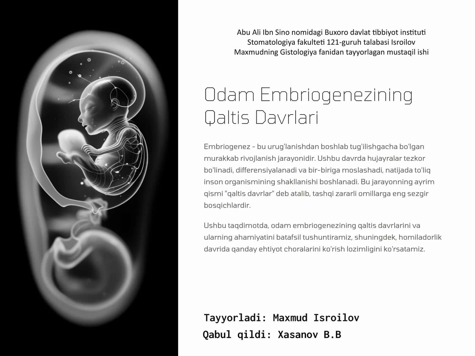 Odam Embriogenezining Qaltis Davrlari