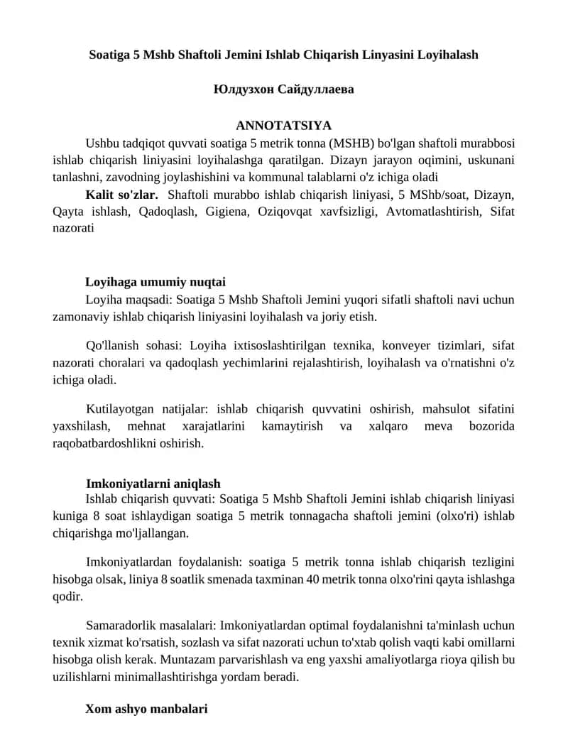Soatiga 5 Mshb Shaftoli Jemini Ishlab Chiqarish Linyasini Loyihalash