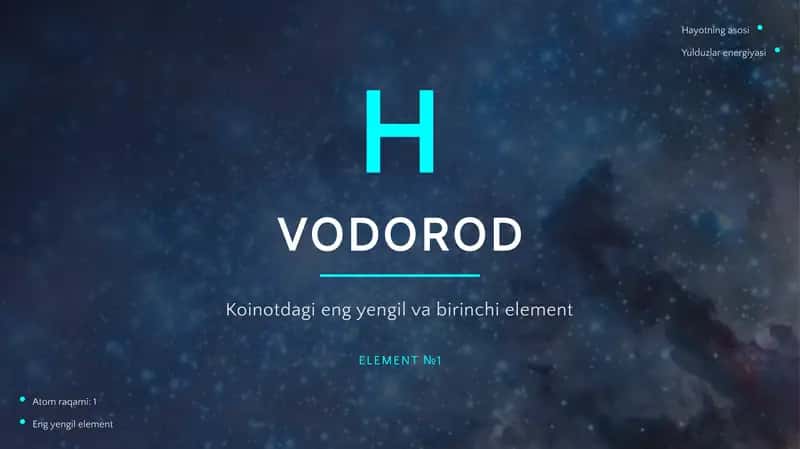 Vodorod - ya'ni Mendeleyev jadvalidagi birinchi kimyoviy modda haqidagi taqdimot.