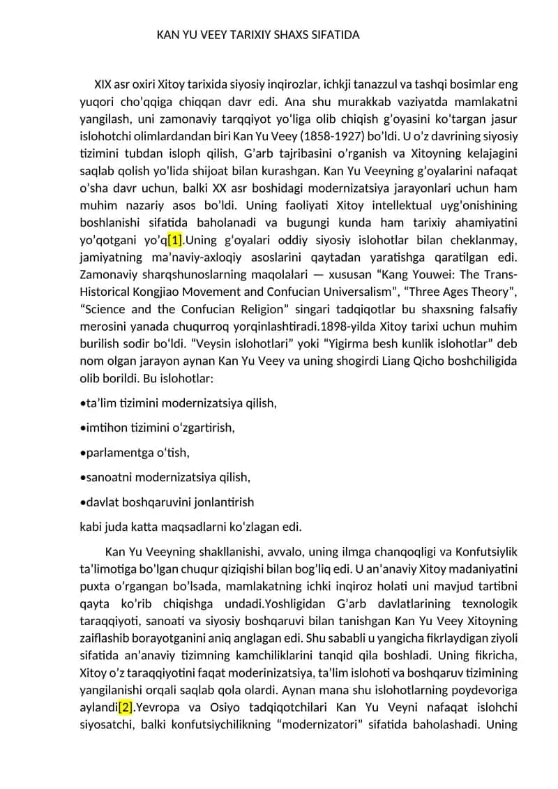 Kan Yu Veey tarixiy shaxs sifatida word formatda sifatli essay