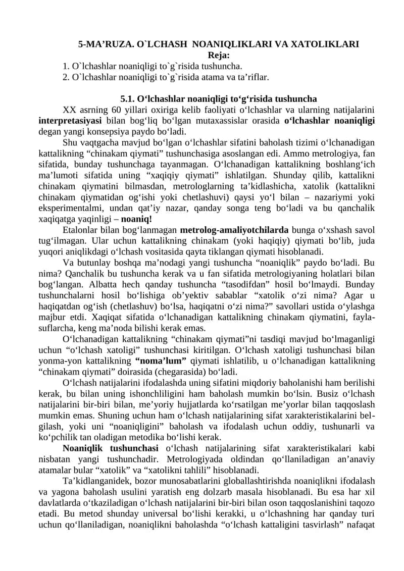 O`LCHASH NOANIQLIKLARI VA XATOLIKLARI