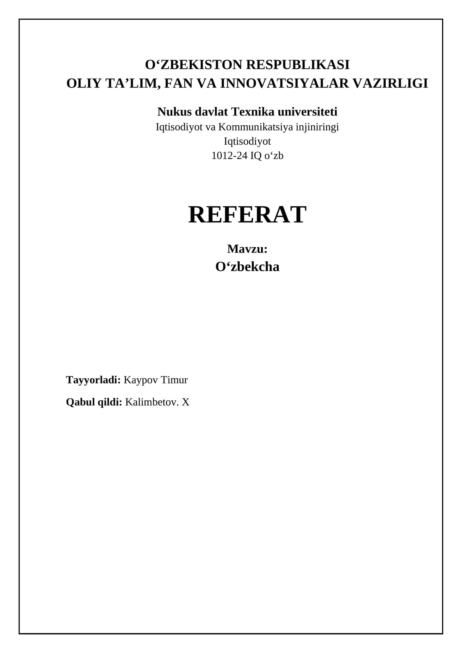 REFERAT Mavzu: Oʻzbekcha