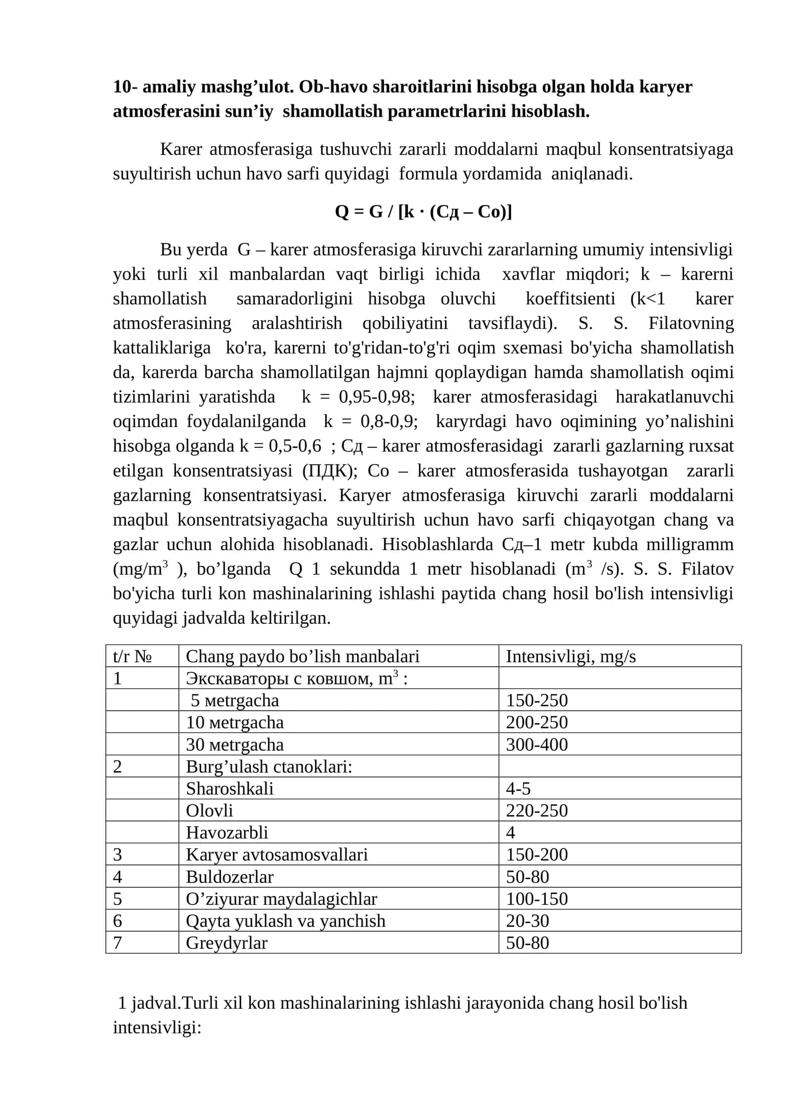 Karer atmosferasiga tushuvchi zararli moddalarni maqbul konsentratsiyaga suyultirish uchun havo sarfi