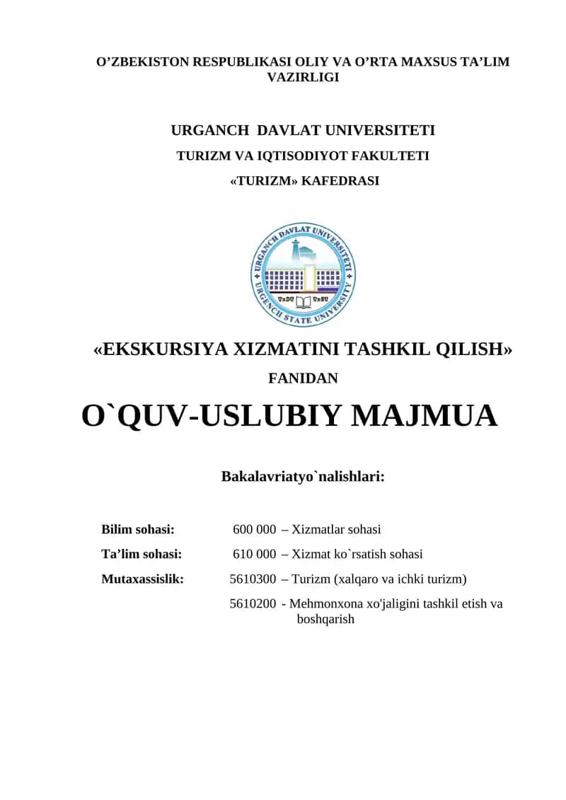 "EKSKURSIYA XIZMATINI TASHKIL QILISH" FANIDAN