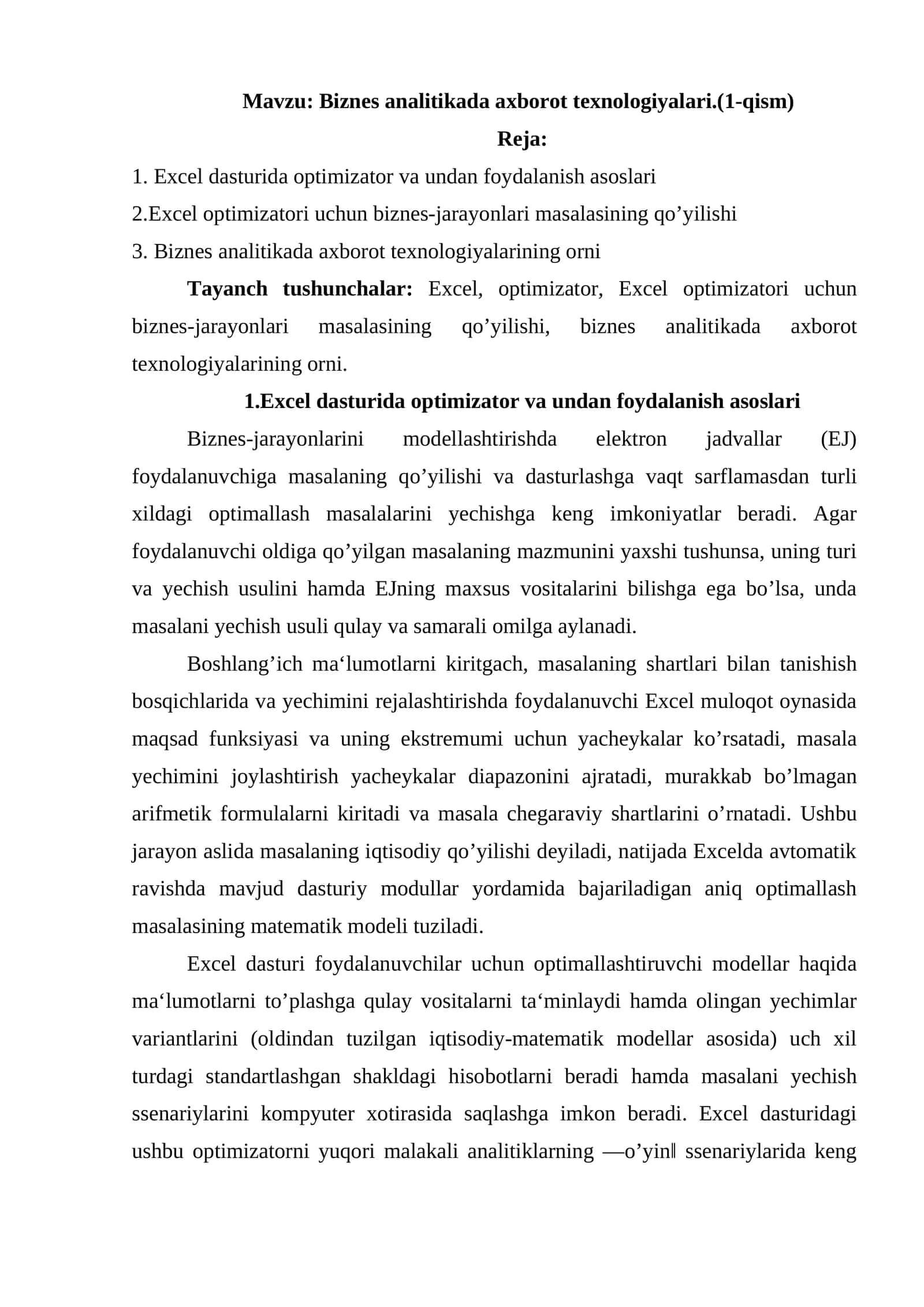Biznes analitikada axborot texnologiyalari.(1-qism)