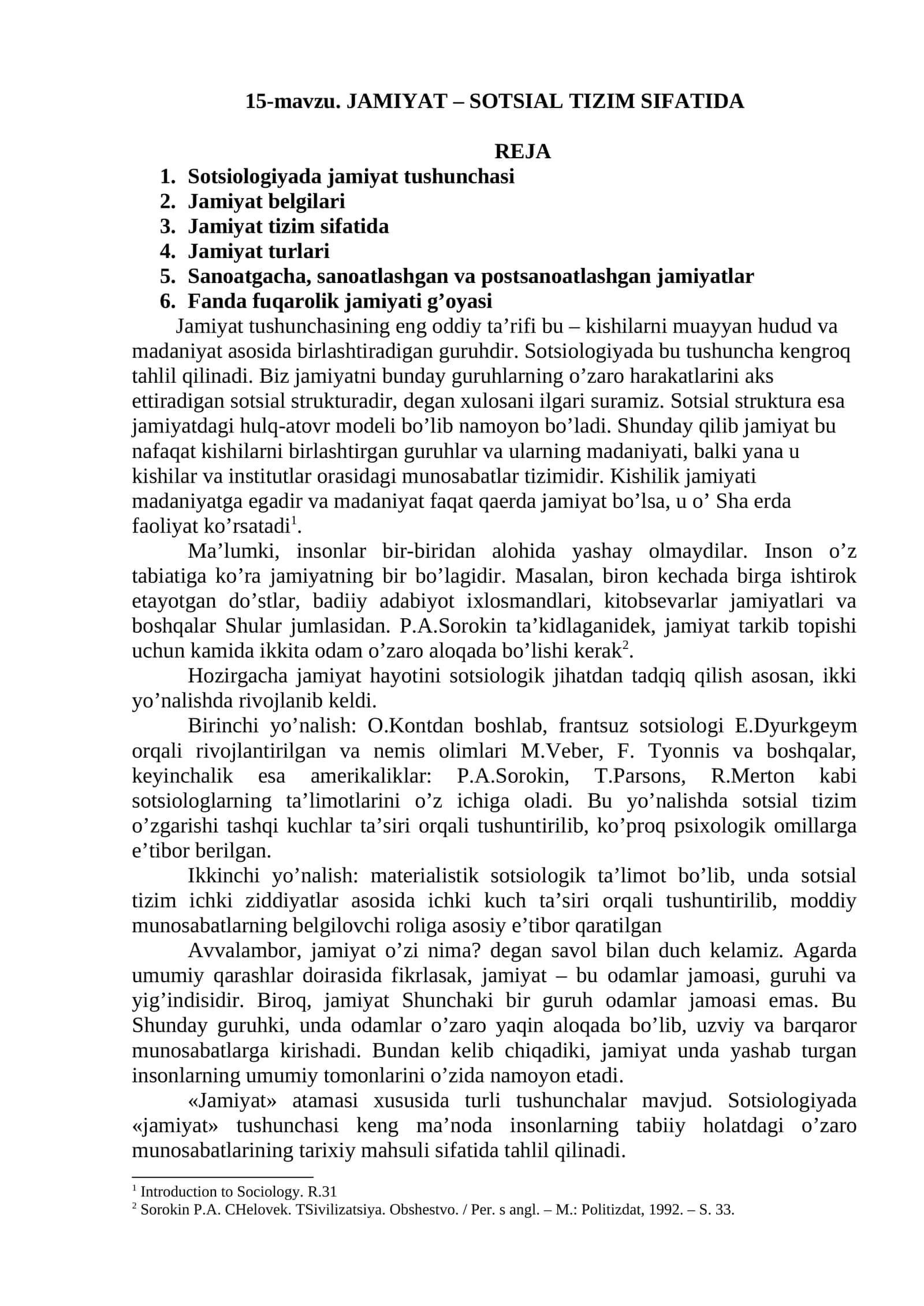 JAMIYAT – SOTSIAL TIZIM SIFATIDA