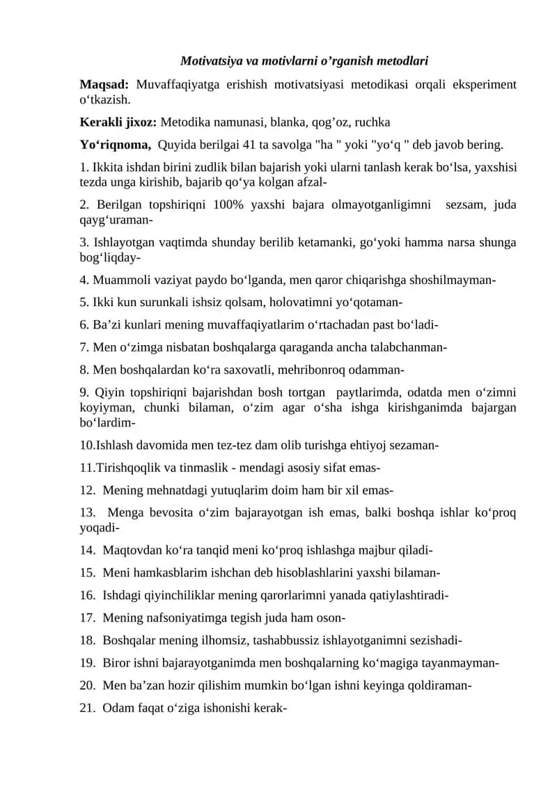 Motivatsiya va motivlarni o’rganish metodlari
