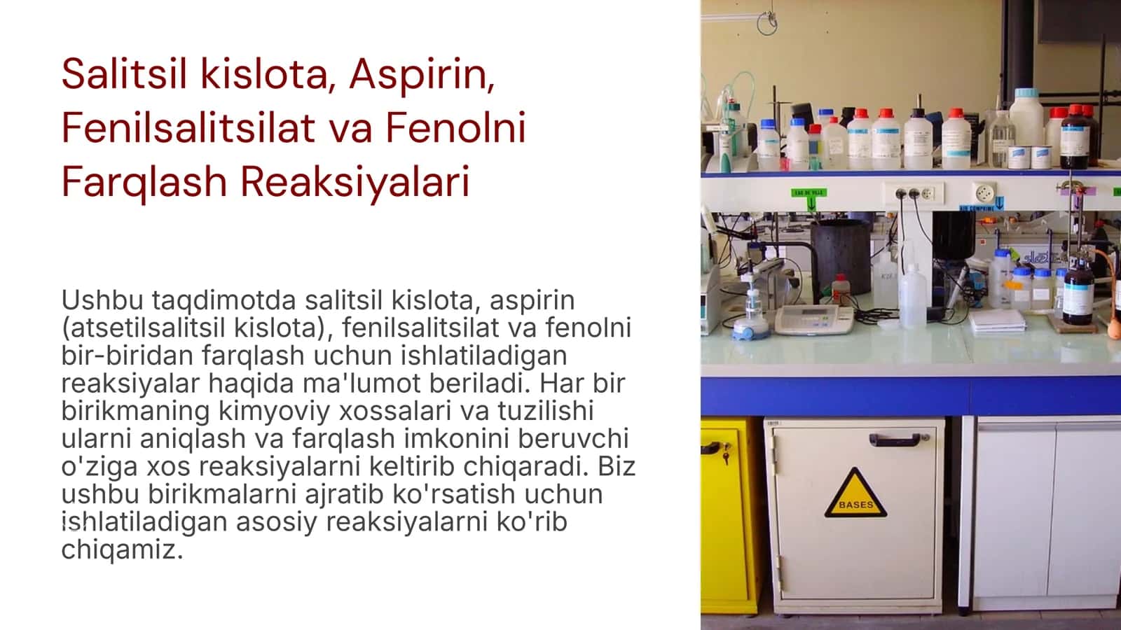 Salitsil kislota, Aspirin, Fenilsalitsilat va Fenolni Farqlash Reaksiyalari