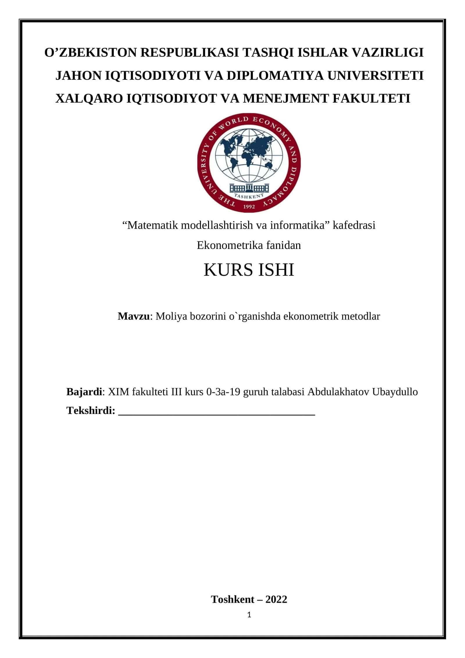 Mоliyа bоzоrini о`rgаnishdа ekоnоmetrik metоdlаr