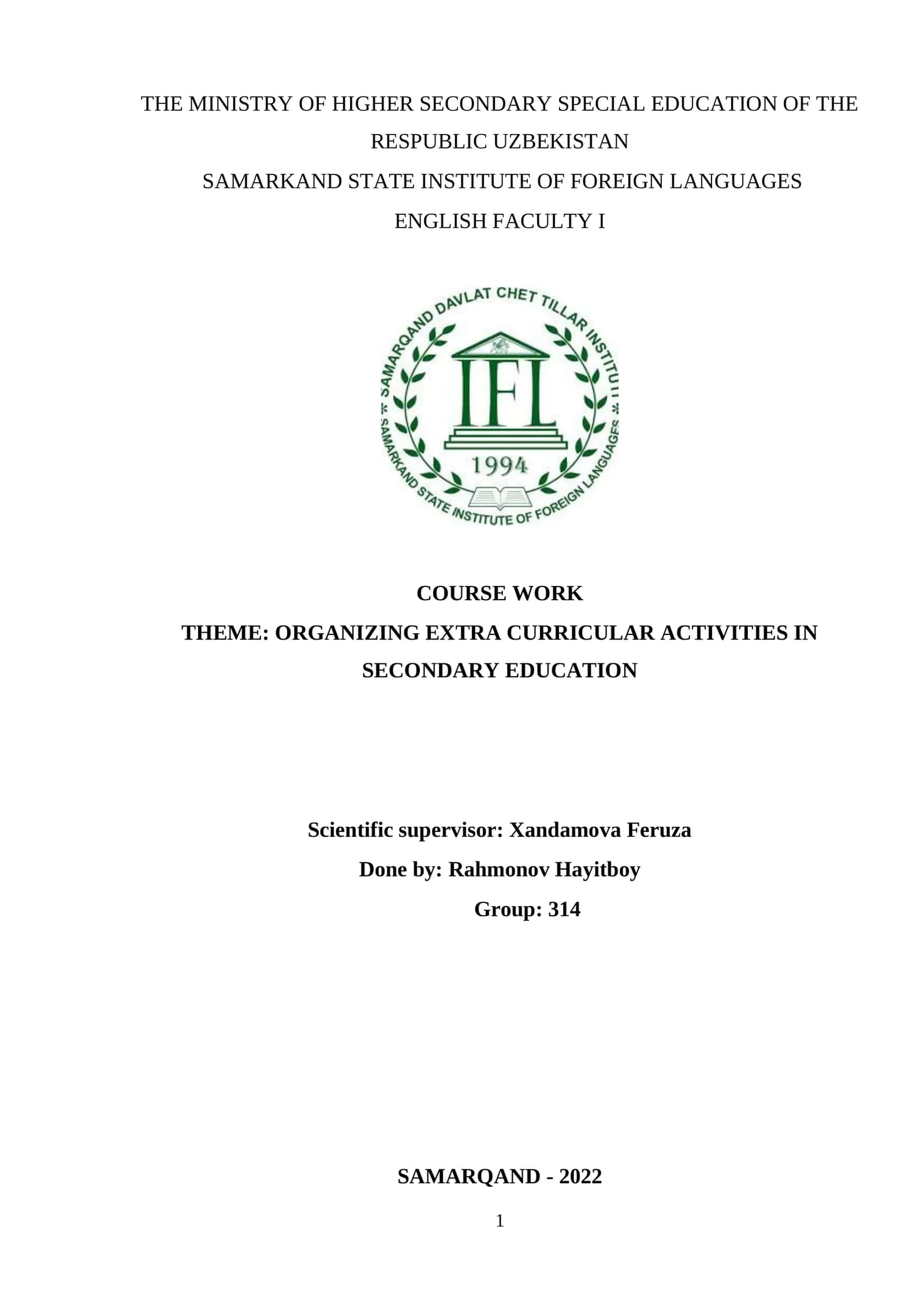 ORGANIZING EXTRA CURRICULAR ACTIVITIES IN SECONDARY EDUCATION