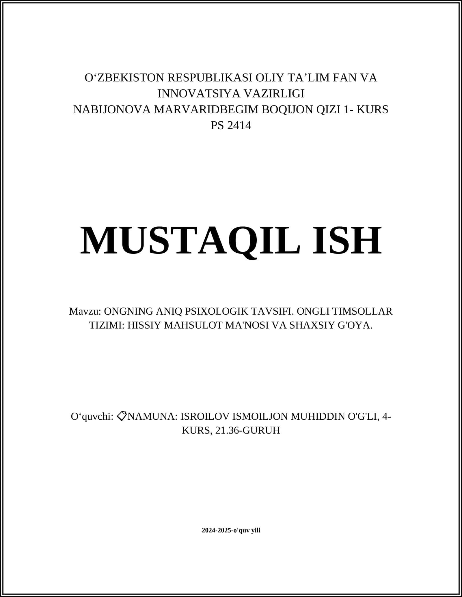 Ongning aniq psixologik tavsifi