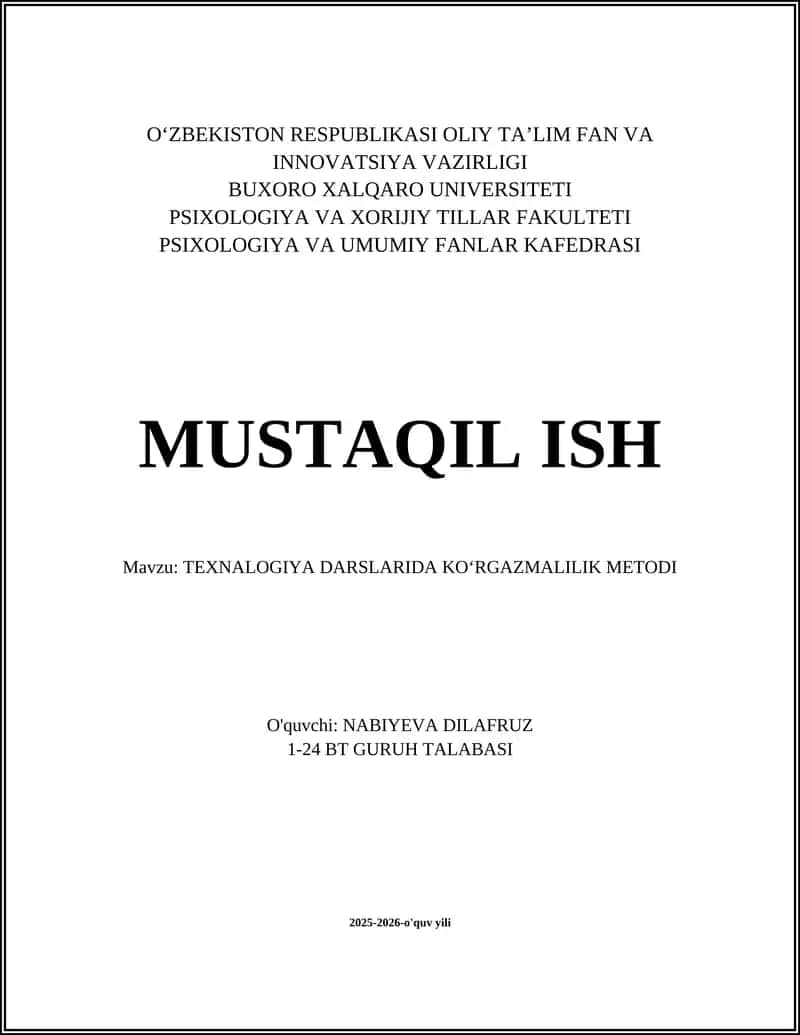 TEXNALOGIYA DARSLARIDA KOʻRGAZMALILIK METODI