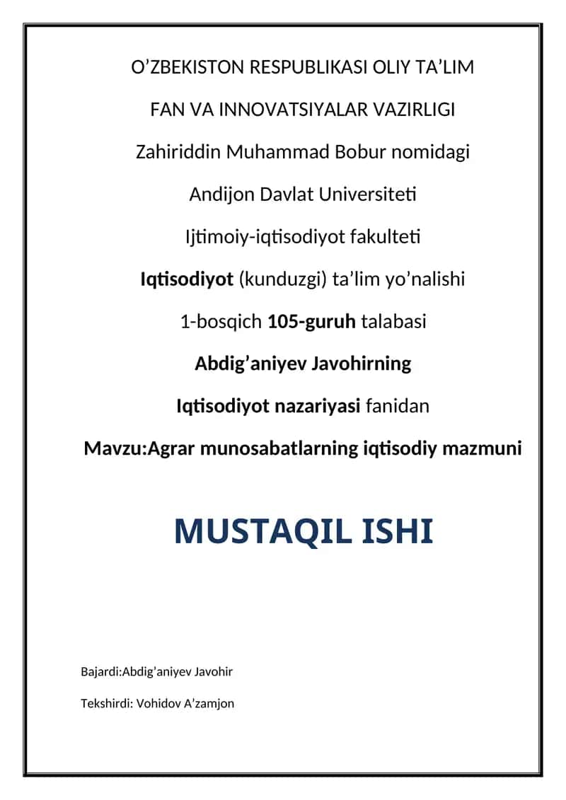 Agrar munosabatlarning iqtisodiy muammosi