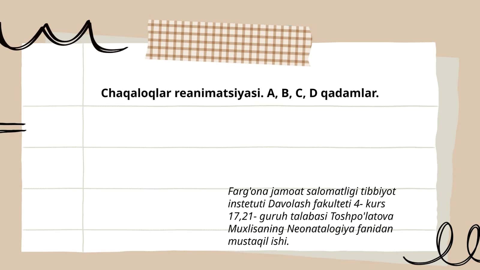 Chaqaloqlar reanimatsiyasi. A, B, C, D qadamlar
