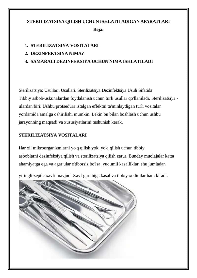 STERILIZATSIYA QILISH UCHUN ISHLATILADIGAN APARATLARI