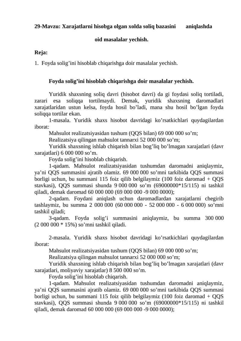 Foyda solig’ini hisoblab chiqarish