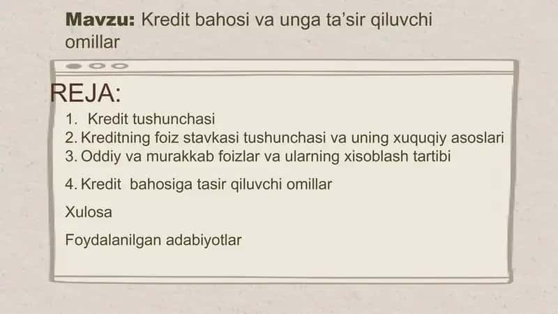 Kredit bahosi va unga taʼsir qiluvchi omillar