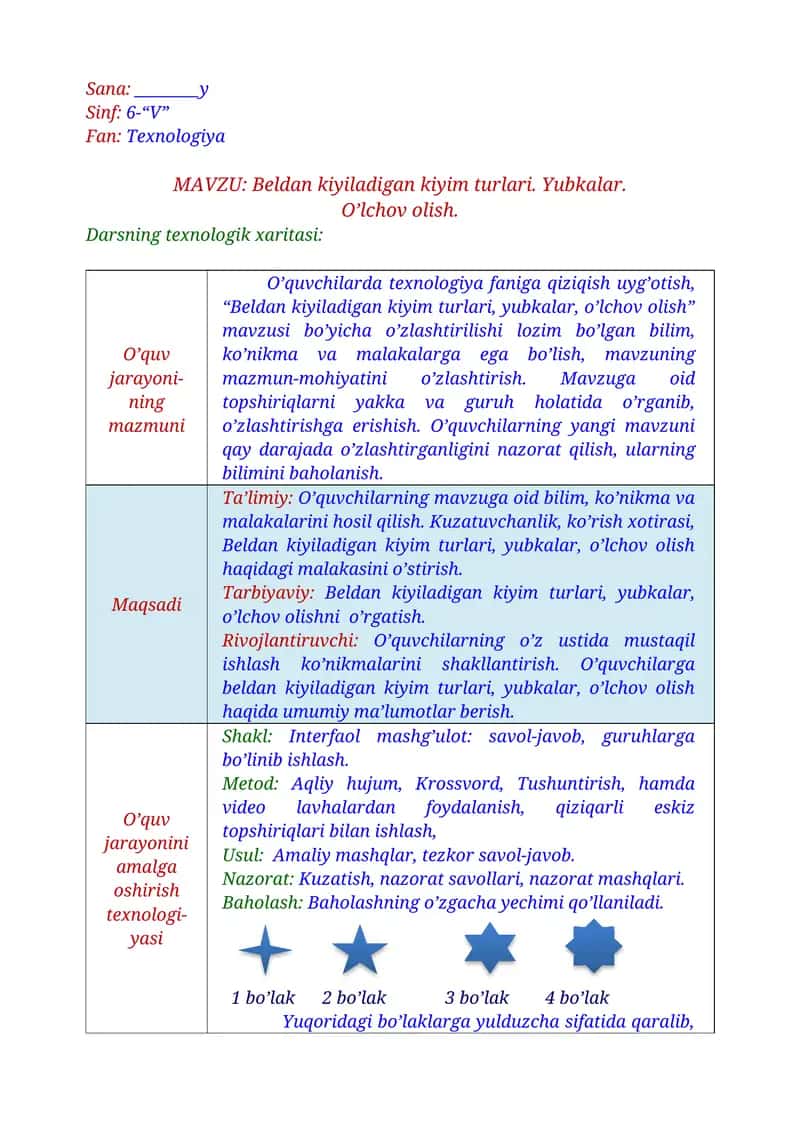 6-sinf texnologiya. Beldan kiyiladigan kiyim turlari. Yubkalar. O’lchov olish.