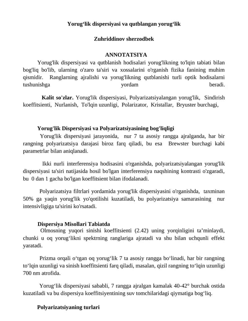 Yorug'lik dispersiyasi va qutblangan yorug'lik
