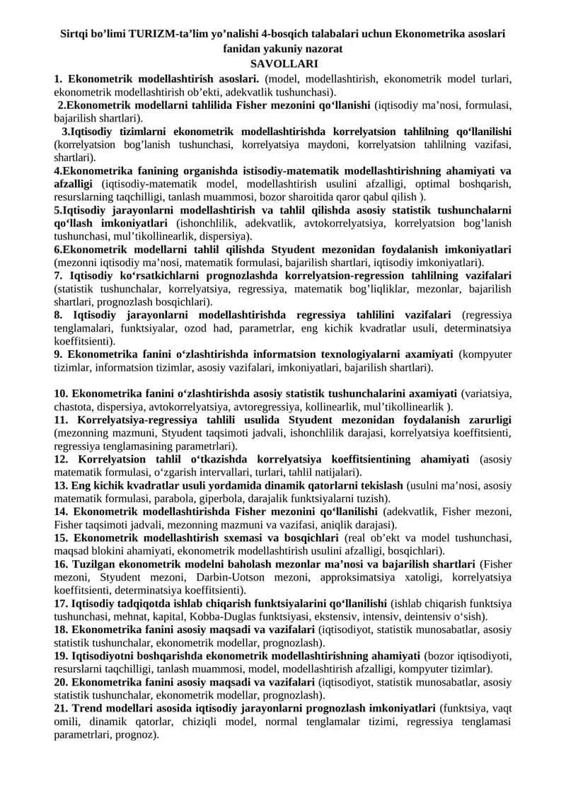 Ekonometrika asoslari fanidan yakuniy nazorat