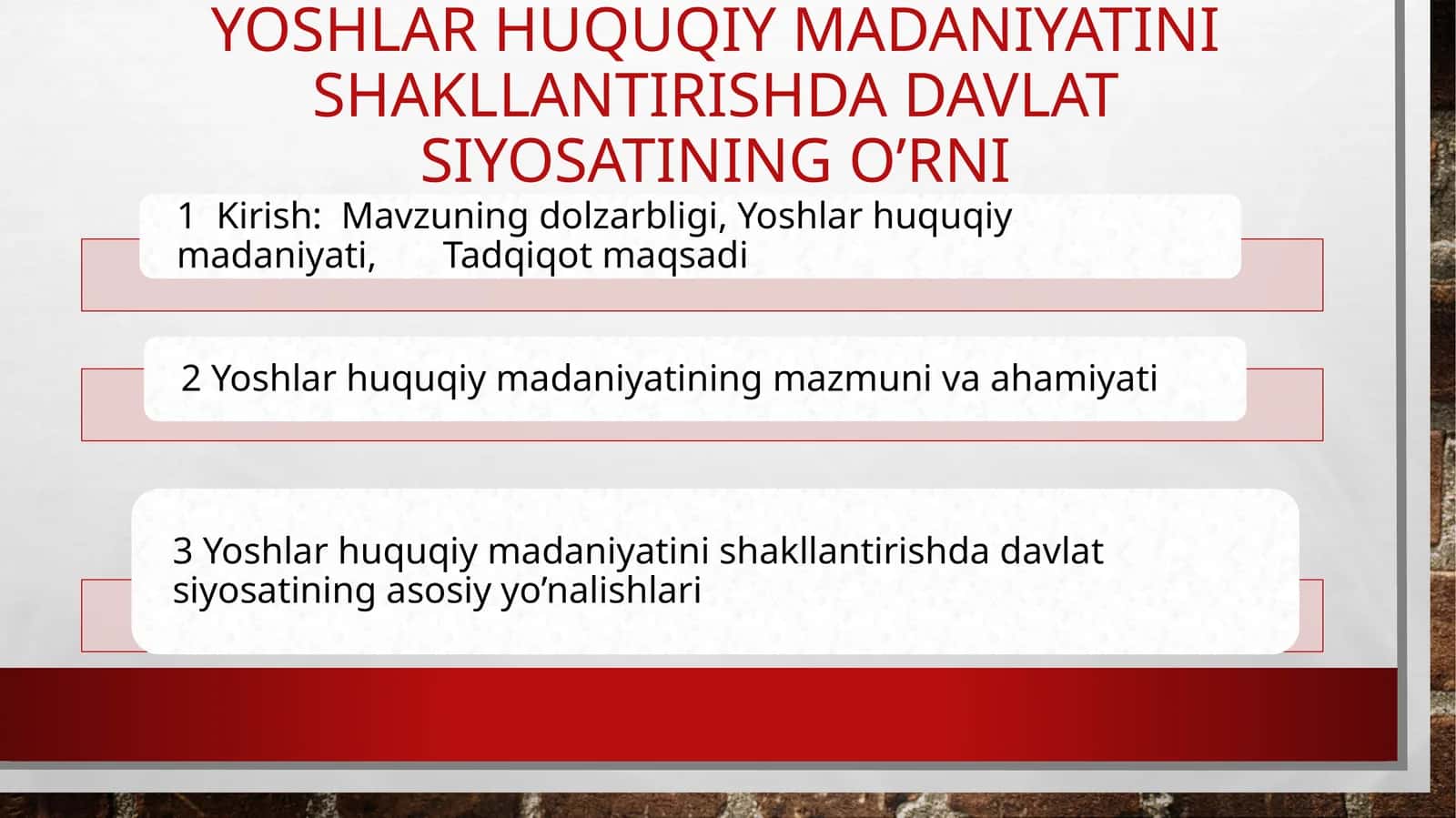 Yoshlar huquqiy madaniyatini shakllantirishda davlat siyosatining o’rni
