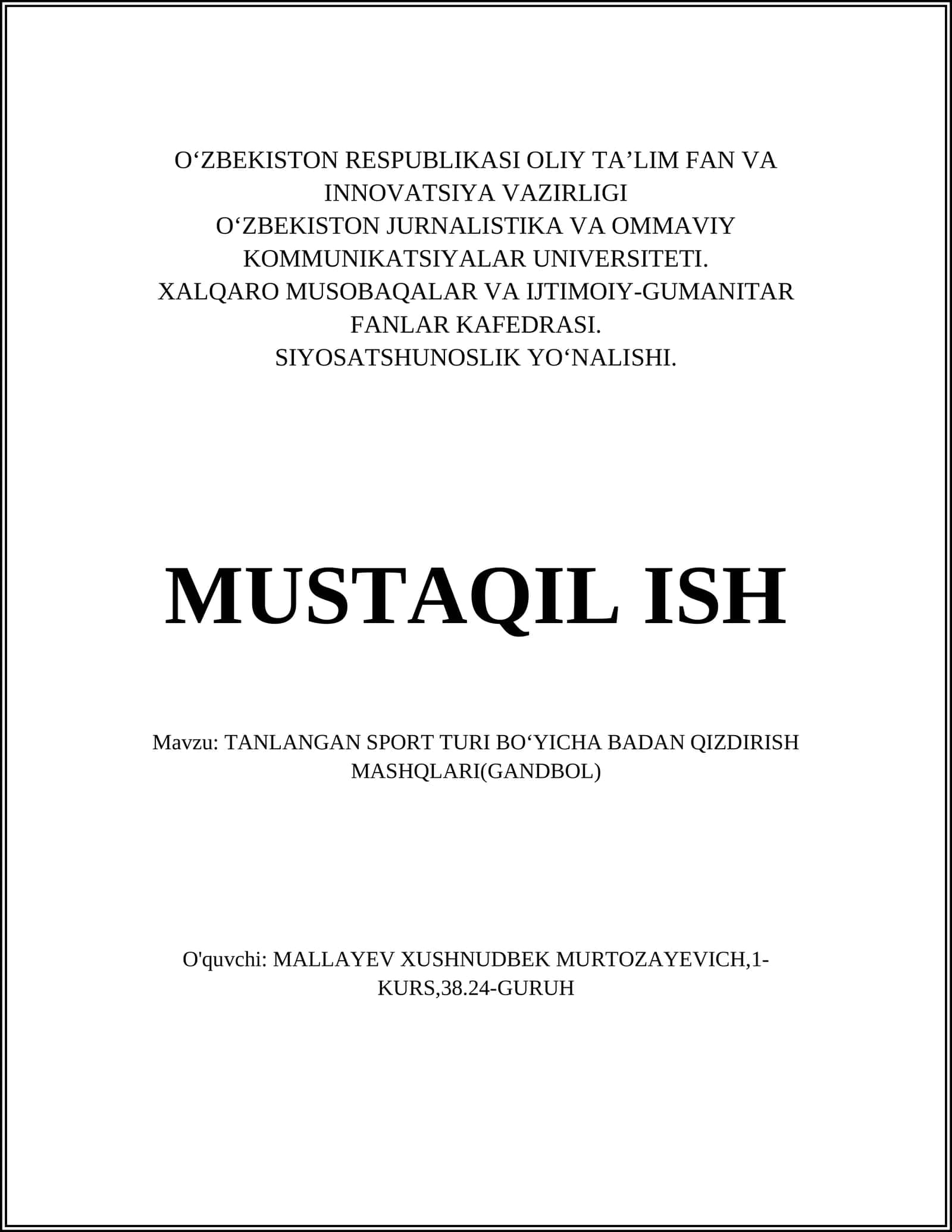 TANLANGAN SPORT TURI BOʻYICHA BADAN QIZDIRISH MASHQLARI(GANDBOL)