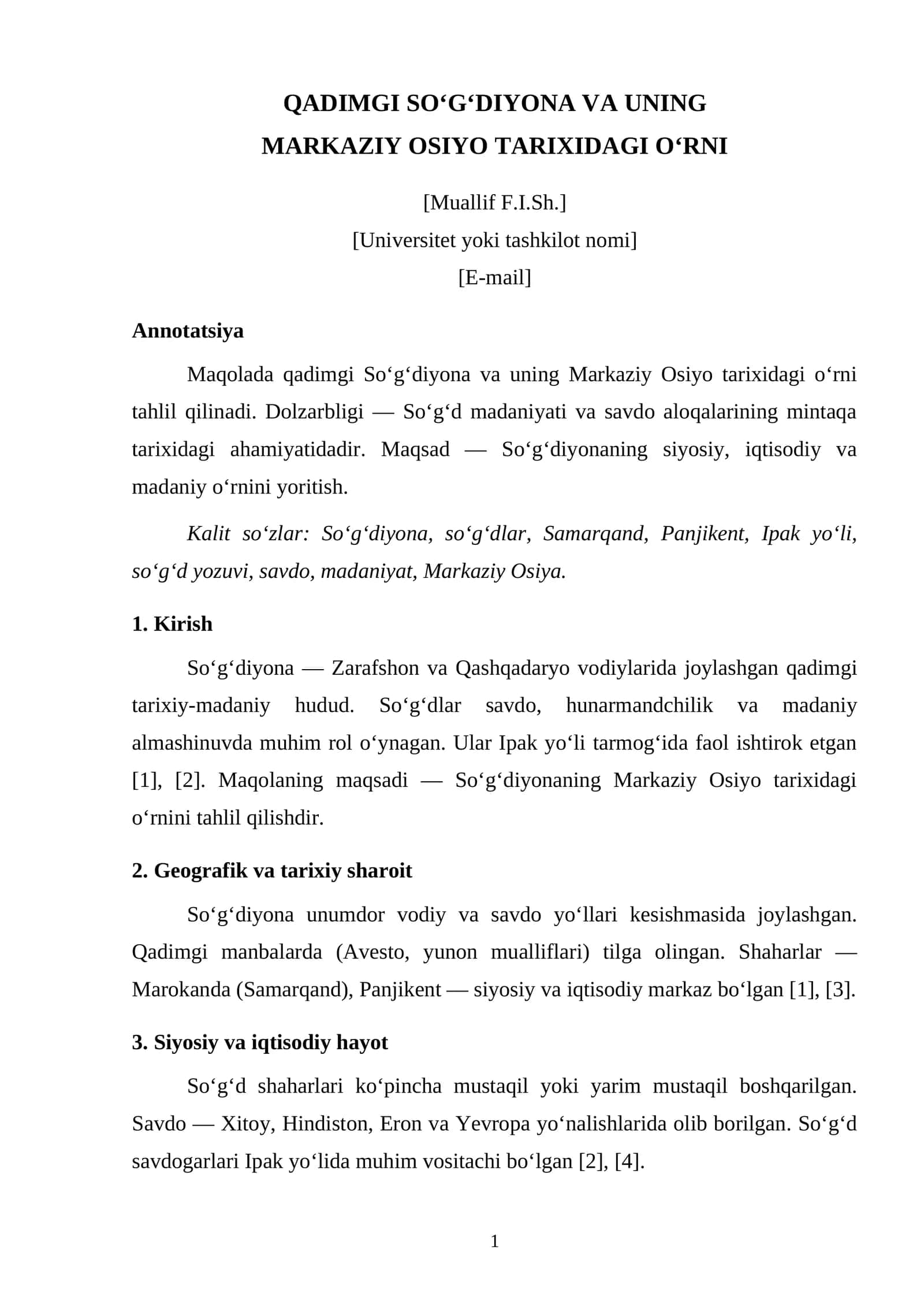 QADIMGI SO‘G‘DIYONA VA UNING MARKAZIY OSIYO TARIXIDAGI O‘RNI