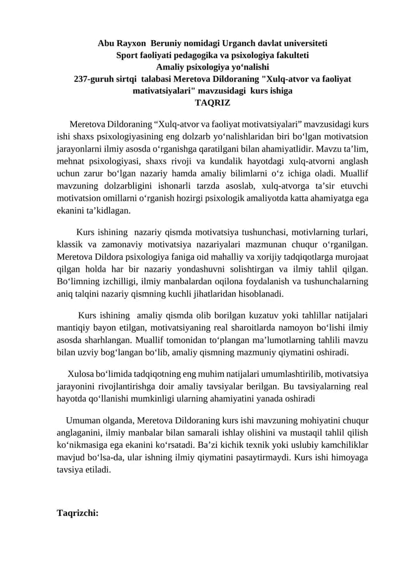 "Xulq-atvor va faoliyat motivatsiyalari" kurs ishi