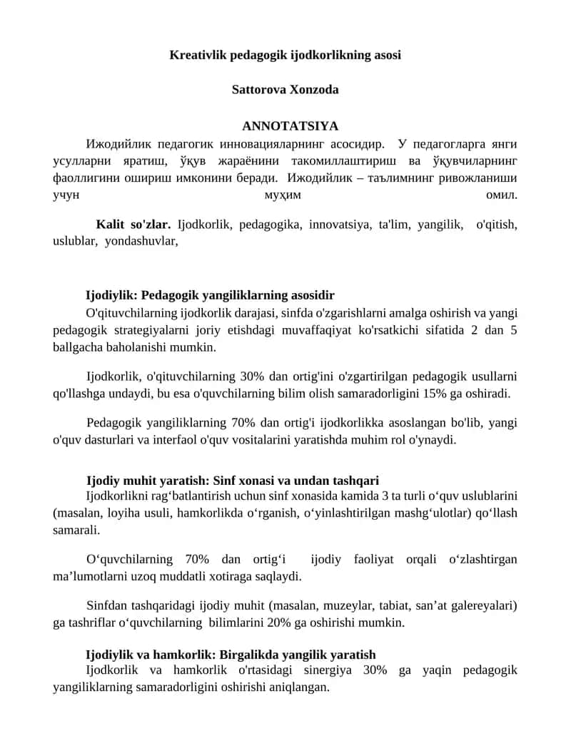 Kreativlik pedagogik ijodkorlikning asosi
