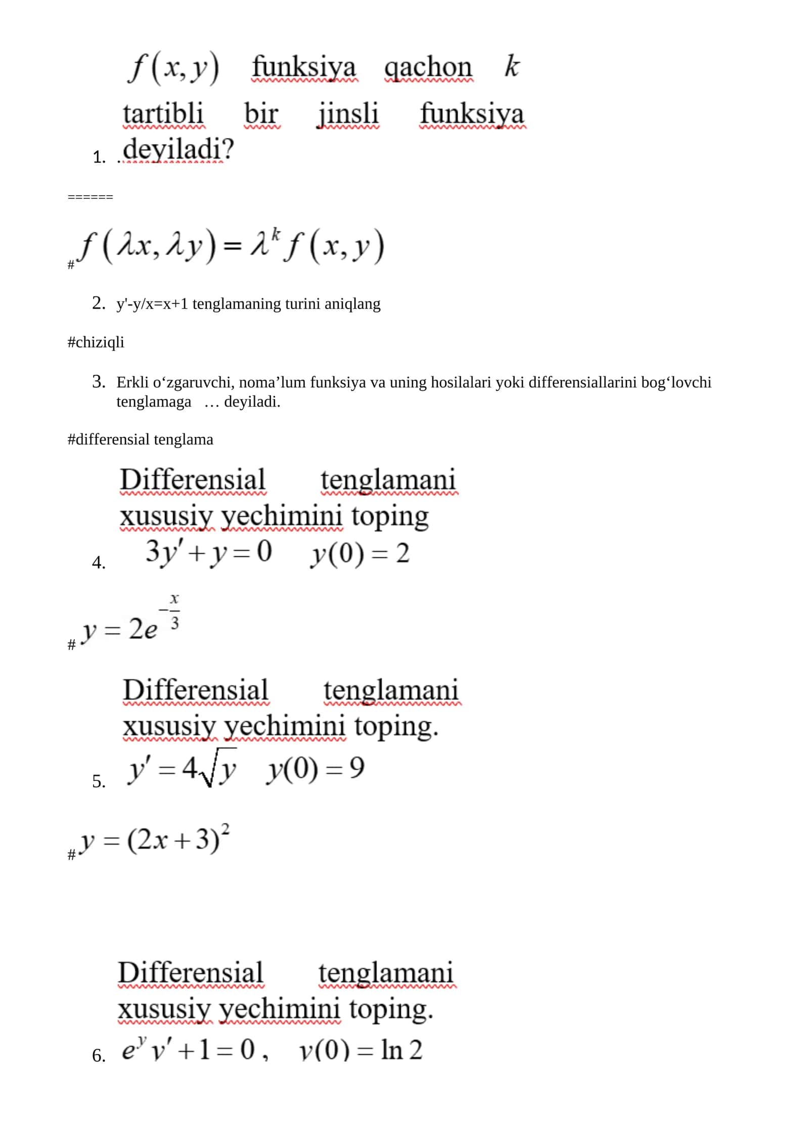 y'-y/x=x+1 tenglamaning turini aniqlang