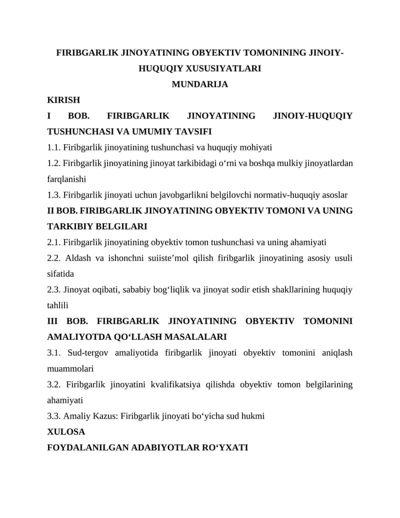 FIRIBGARLIK JINOYATINING OBYEKTIV TOMONINING JINOIY-HUQUQIY XUSUSIYATLARI