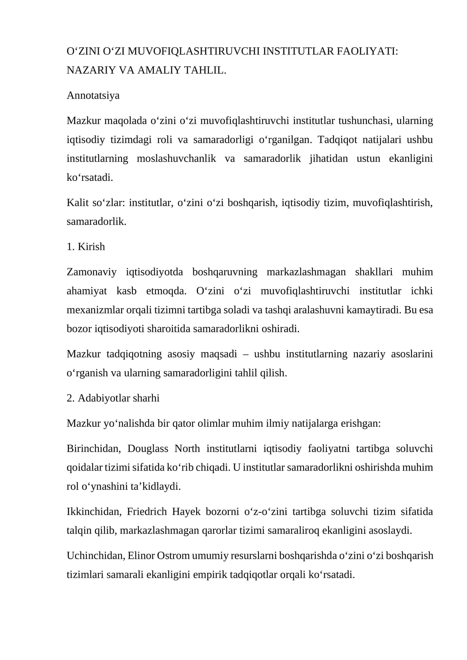 O‘ZINI O‘ZI MUVOFIQLASHTIRUVCHI INSTITUTLAR FAOLIYATI: NAZARIY VA AMALIY TAHLIL