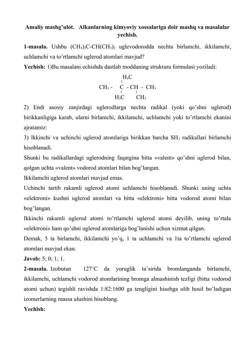 Alkanlarning kimyoviy xossalariga doir mashq va masalalar