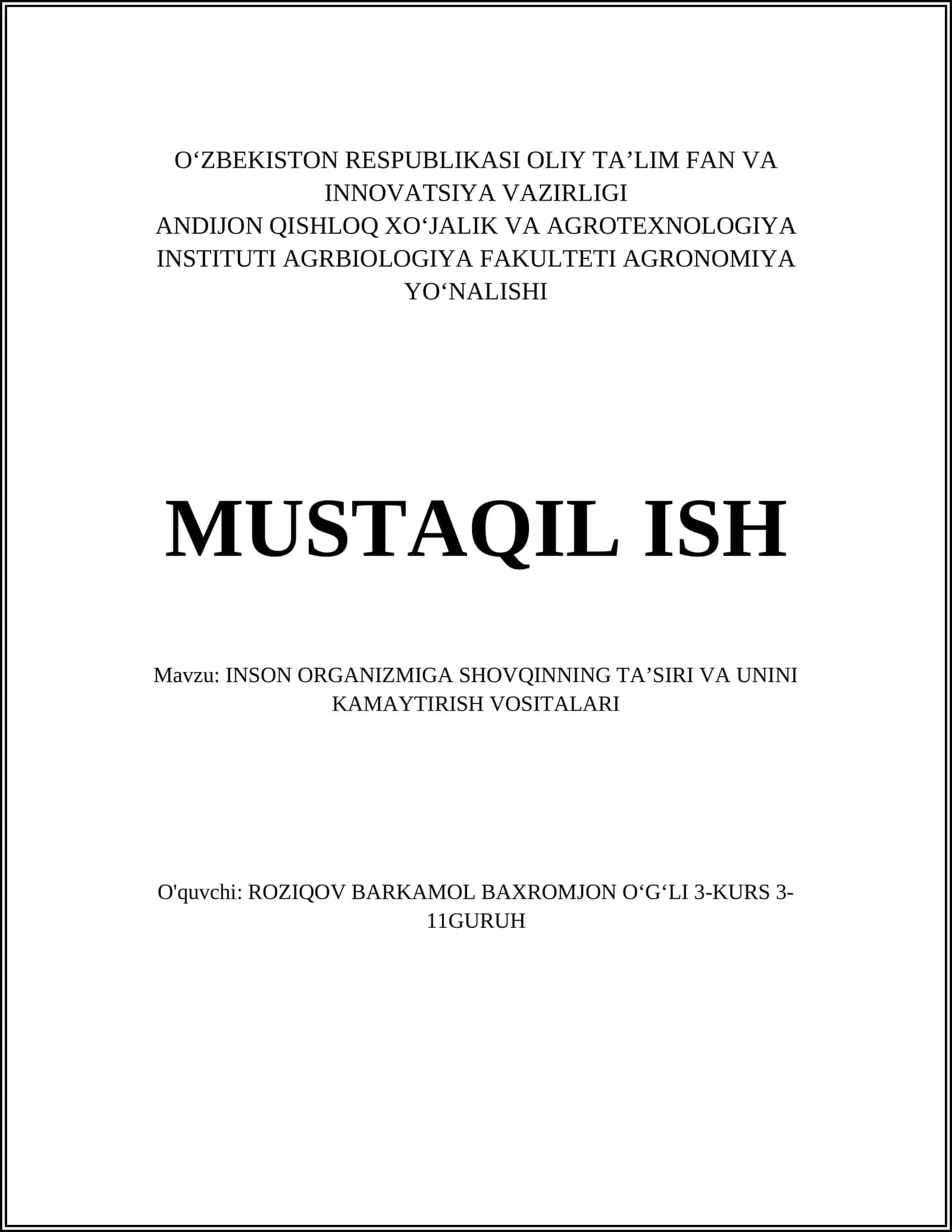 INSON ORGANIZMIGA SHOVQINNING TAʼSIRI VA UNINI KAMAYTIRISH VOSITALARI