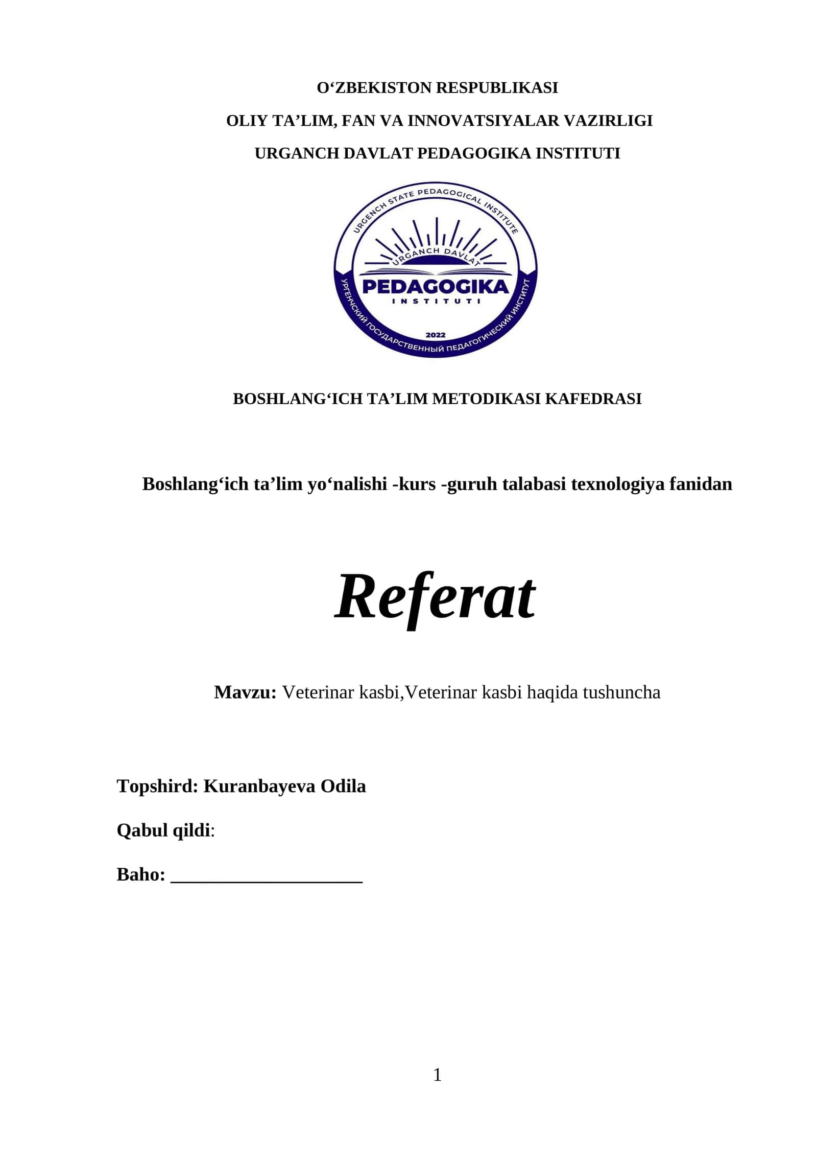 Veterinar kasbi haqida tushuncha