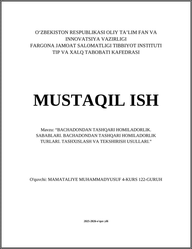 BACHADONDAN TASHQARI HOMILADORLIK