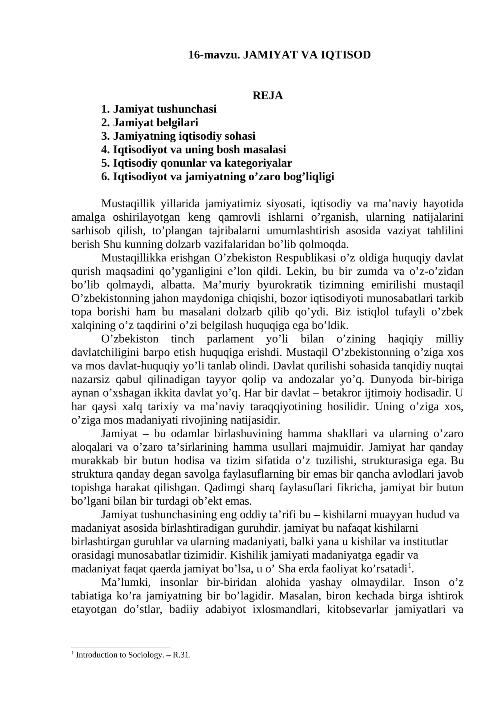 16-mavzu. JAMIYAT VA IQTISOD
