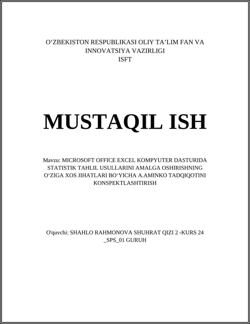 MICROSOFT OFFICE EXCEL KOMPYUTER DASTURIDA STATISTIK TAHLIL USULLARINI AMALGA OSHIRISHNING OʻZIGA XOS JIHATLARI BOʻYICHA A.AMINKO TADQIQOTINI KONSPEKTLASHTIRISH