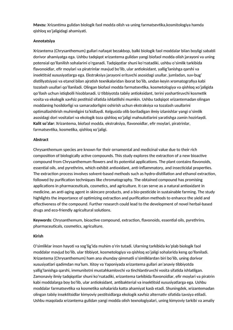 Xrizantema gulidan biologik faol modda
