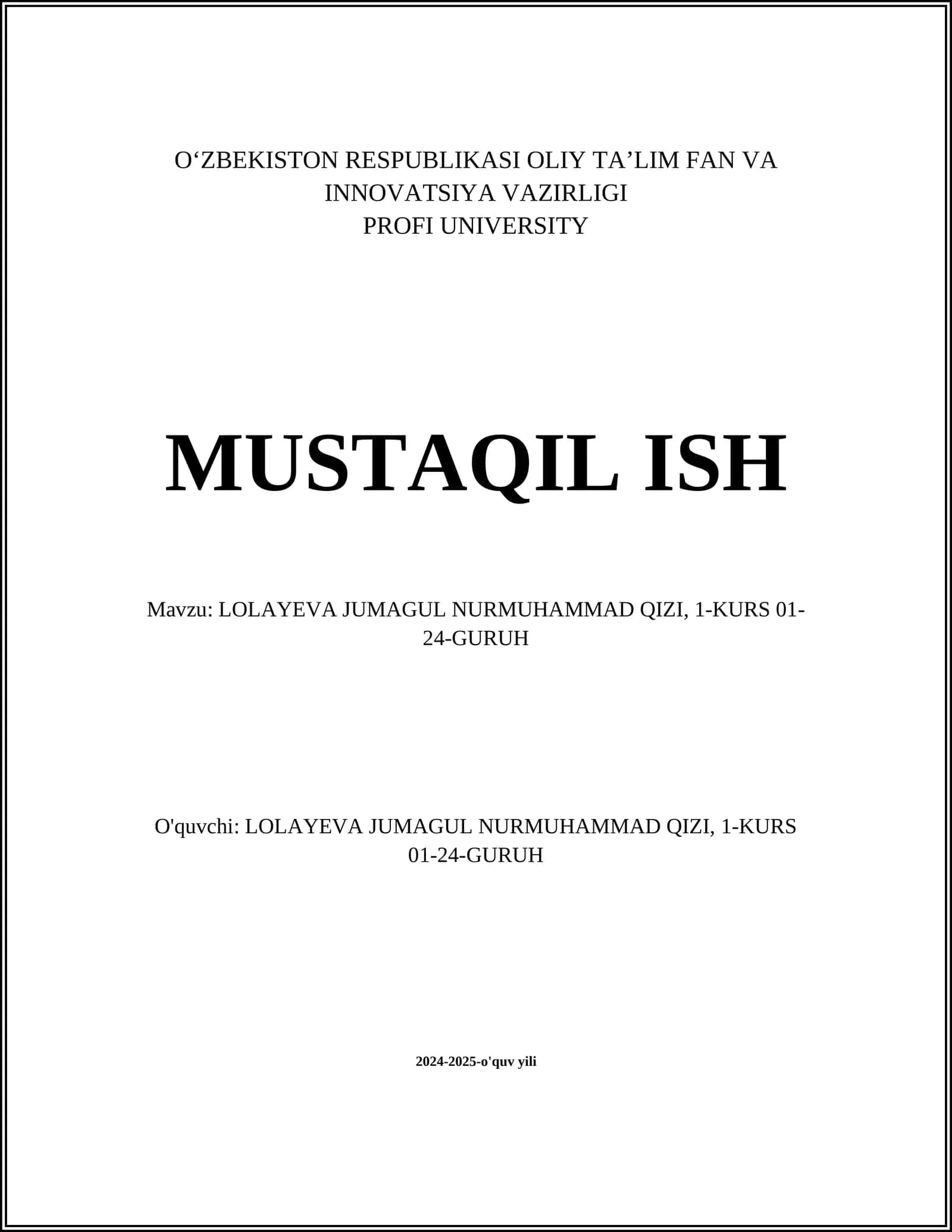 LOLAYEVA JUMAGUL NURMUHAMMAD QIZI