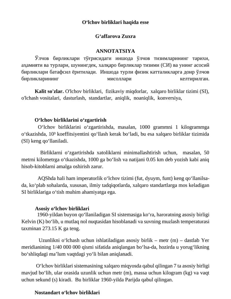 Oʻlchov birliklari haqida esse