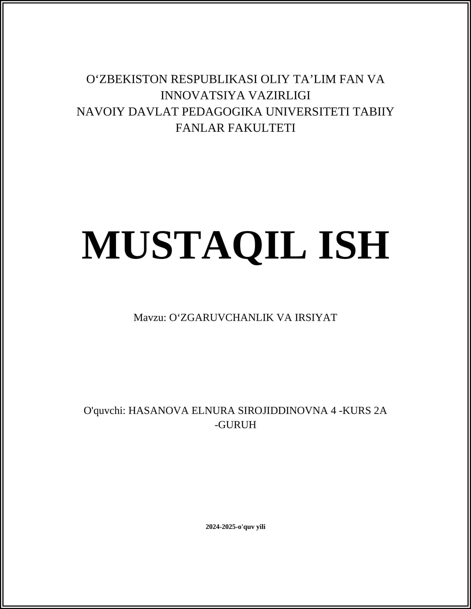 O‘ZGARUVCHANLIK VA IRSIYAT