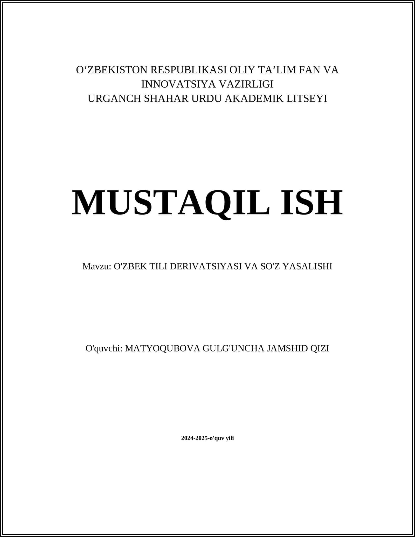 O'ZBEK TILI DERIVATSIYASI VA SO'Z YASALISHI